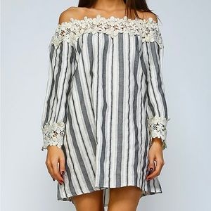 NWT Velzera black stripe off shoulder lace accent mini dress